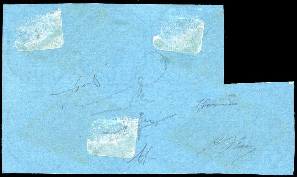 1852 - 7 baj azzurro, blocco di sette esemplari con bollo a griglia