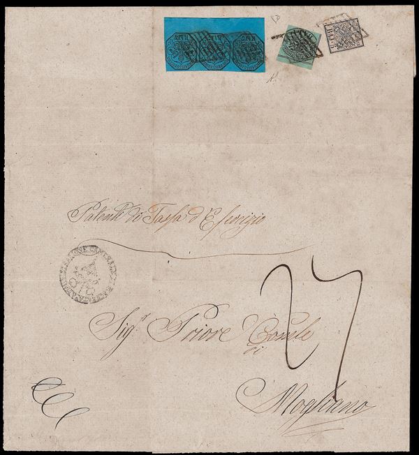 1855 - 7 baj azzurro, striscia orizzontale di tre bordo di foglio in basso, 5 baj rosa chiaro, perfetti, 1 baj verde grigiastro, margini leggermente intaccati, bordo di foglio (8,6,2), al verso di lettera in porto assegnato per Mogliano, sul fronte tassa di 27 baj. Eccezionale alta tassazione con l'uso di francobollo al verso, insieme unico. Alberto ed Enzo Diena.