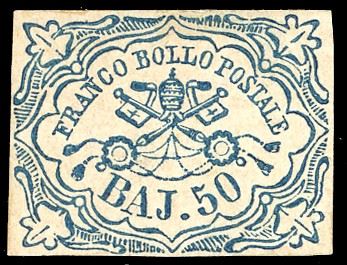 1852 - 50 baj azzurro scuro (10a), nuovo, ottimi margini, gomma originale, perfetto. Fresco e molto raro così ben marginato. Cert. Manzoni, Alberto Diena e Ferrario.