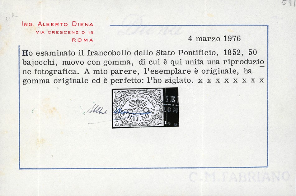 1852, 50 baj azzurro scuro (10a), gomma originale, nuovo