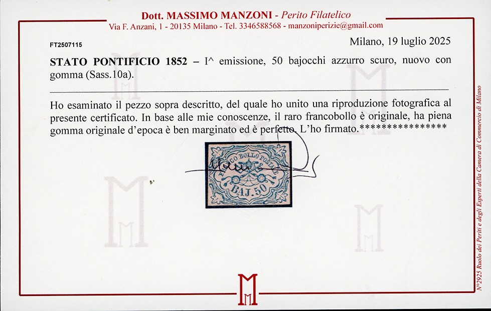 1852, 50 baj azzurro scuro (10a), gomma originale, nuovo