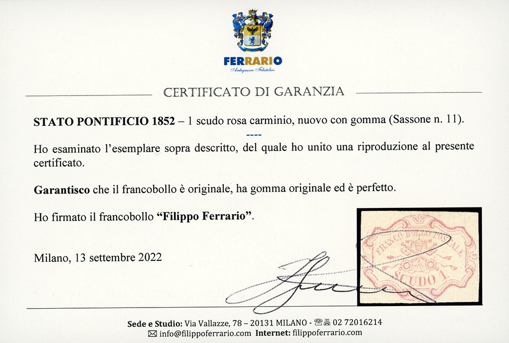 Scudo Rosa Carminio del 1852 - 1 scudo, gomma originale