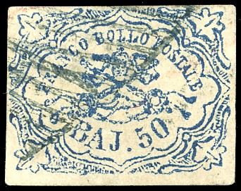 1864 - 50 baj azzurro oltremare scuro, stampa difettosa (12), usato, perfetto. Em.Diena, cert. Ferchenbauer.