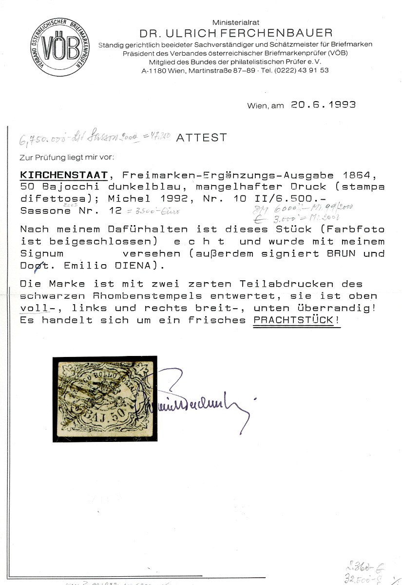 Em.Diena, Francobollo 50 baj azzurro oltremare scuro, 1864, stampa difettosa