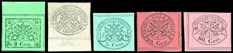 1867 - Seconda emisisone, cinque esemplari (13,14,16,18,20), nuovi, gomma originale, perfetti, tutti bordo di foglio e firmati A.Diena. Molto belli. Il 3 cent. Cert. Ferrario.  - Asta Filatelia - Cambi Casa d'Aste