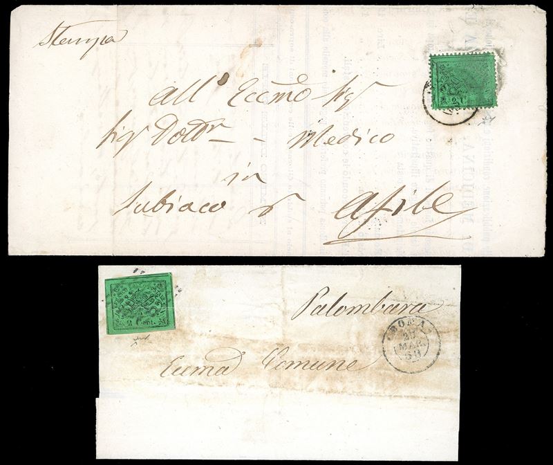 1868/69 - 2 cent. verde giallo, II emissione (13), ottimo stato, su circolare da Roma 25/3/1868 a Palombara, e 2 cent. verde chiaro, III emissione (22), ottimo stato, su stampato da Roma 23/8/1869 a Subiaco. Chiavarello per entrambi.  - Asta Filatelia - Cambi Casa d'Aste