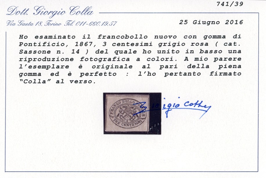 1867, Francobollo da 3 centesimi grigio rosa, nuovo con gomma originale