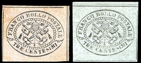 1867 - 3 cent. grigio rosa e  3 cent. grigio (14,15), nuovi, gomma originale, entrambi con leggera traccia di linguella. Cert. A.Diena per il primo, il secondo firmato Mondolfo e Chiavarello.