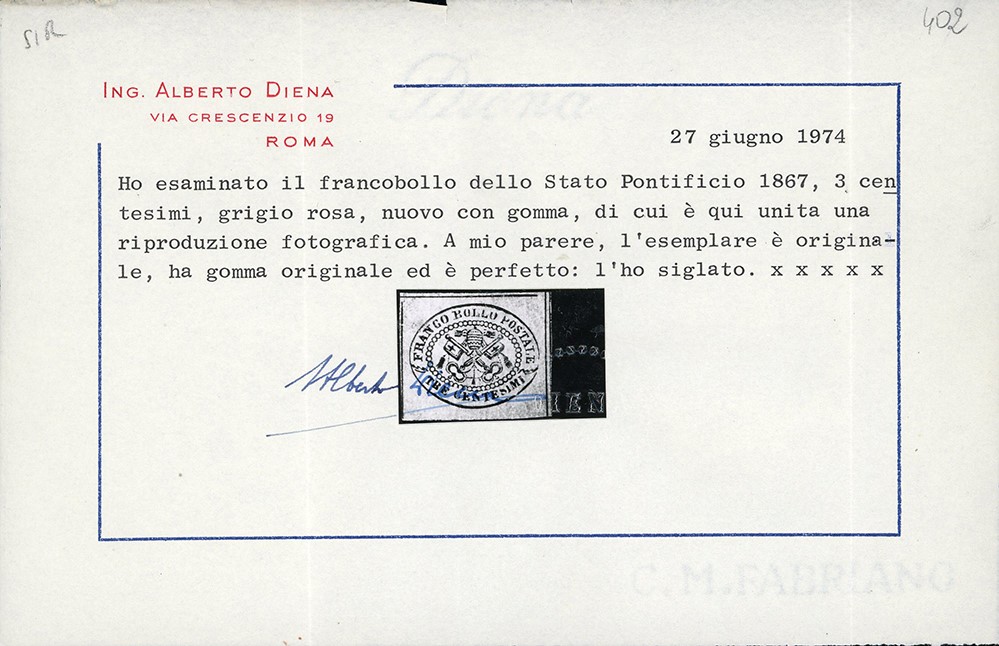 1867, 3 cent. grigio rosa e 3 cent. grigio, ottime condizioni con certificazione A. Diena