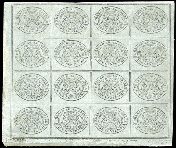 1867 - 3 cent. grigio (15), blocco di 16 esemplari, quarto inferiore sinistro del foglio, nuovo, gomma originale, integra per 12 francobolli, perfetto e molto fresco. Raro. E.Diena, cert. Diena.