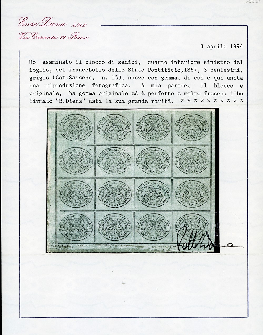 1867, 3 centesimi grigio, blocco di 16 esemplari, quarto inferiore sinistro del foglio