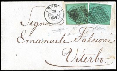1868, 5 centesimi azzurro verdastro e 5 centesimi azzurro celeste su lettera da Roma a Viterbo