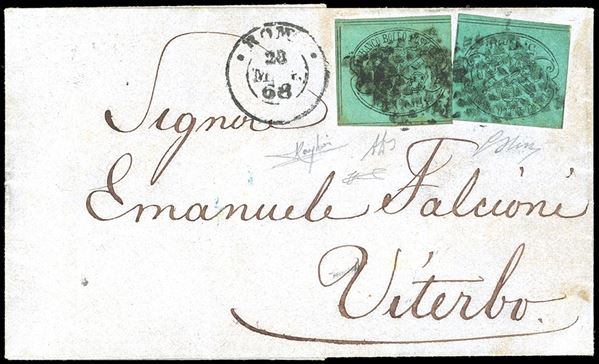 1868 - 5 cent. azzurro verdastro, 5 cent. azzurro celeste (16,16a), perfetti, su lettera da Roma 28/5/1868 a Viterbo. Affrancatura di valori gemelli molto rara. A.Diena, G.Oliva, Raybaudi, cert. Ferrario. Ex coll. Imperato.