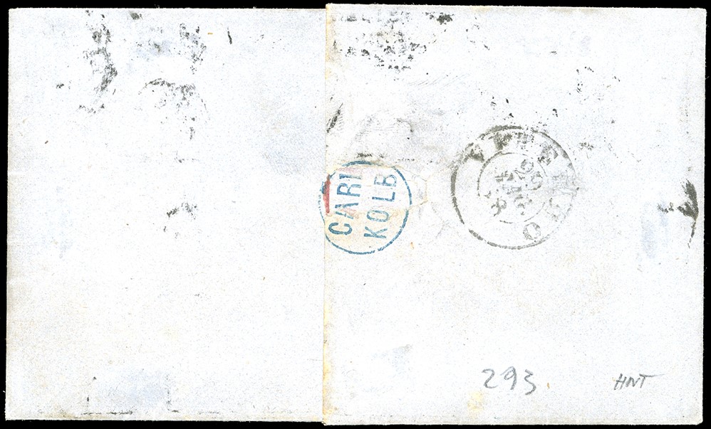 1868, 5 centesimi azzurro verdastro e 5 centesimi azzurro celeste su lettera da Roma a Viterbo