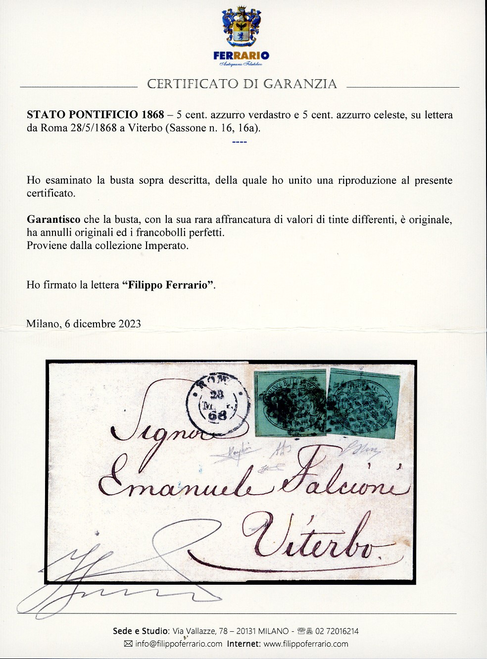 1868, 5 centesimi azzurro verdastro e 5 centesimi azzurro celeste su lettera da Roma a Viterbo