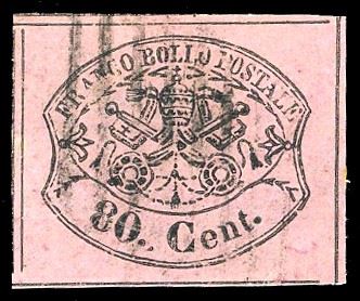 1867 - 80 cent. rosa lillaceo (20), usato, perfetto. Molto fresco, ampi margini. A.Diena, Ferrario.