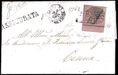 1867, 80 cent. rosa lillaceo su lettera assicurata da Roma a Cesena