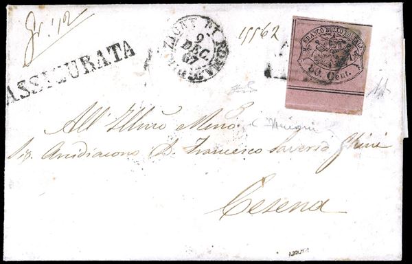 1867 - 80 cent. rosa lillaceo (20), bordo di foglio, perfetto, isolato su lettera assicurata da Roma 9/12/1867 a Cesena. Pregevole uso isolato. Grioni, A.Diena, cert. Ferrario.