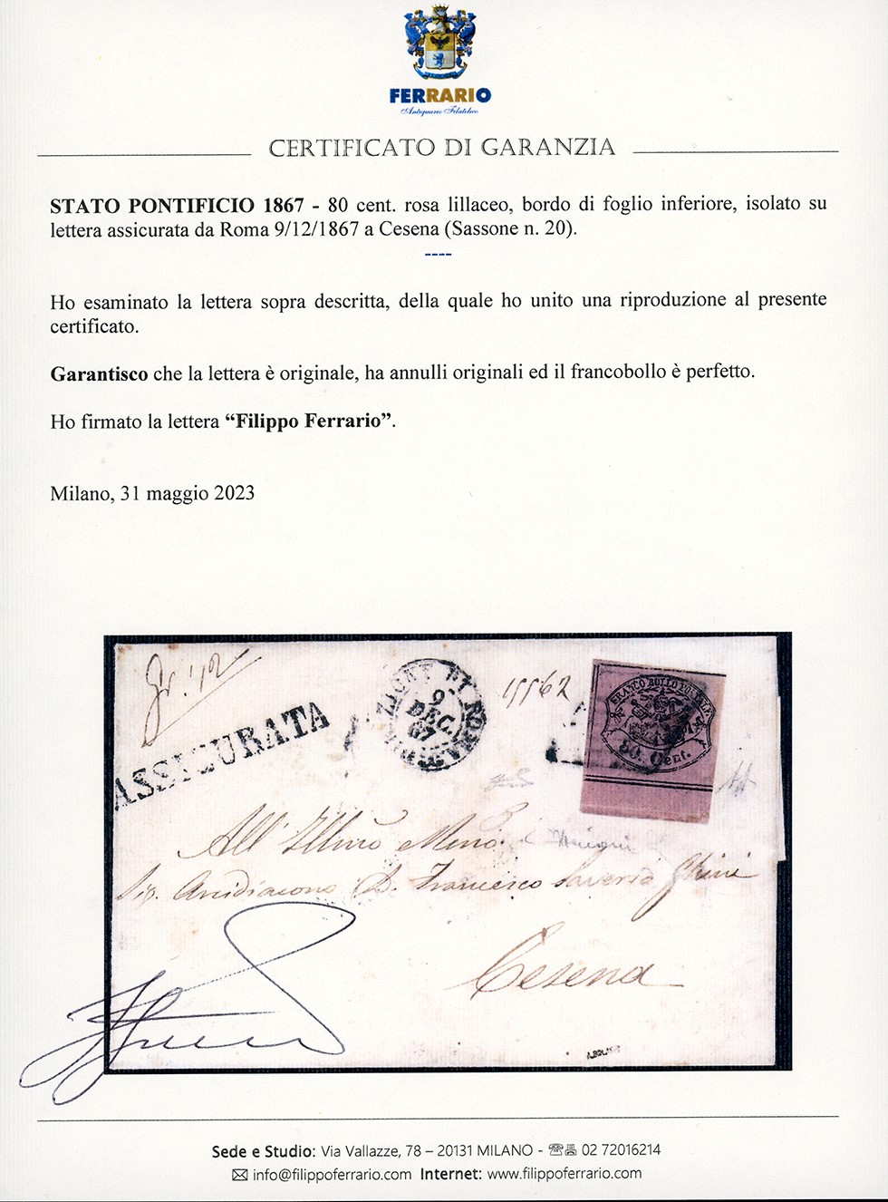 1867, 80 cent. rosa lillaceo su lettera assicurata da Roma a Cesena