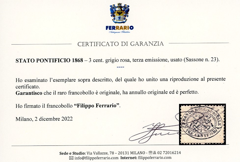1868, Francobollo da 3 centesimi grigio rosa (23), esemplare usato