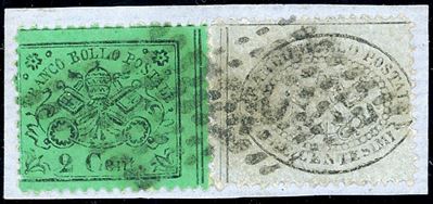 1868, Francobollo da 3 cent. grigio e 2 cent. verde chiaro su frammento, usati