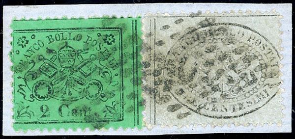 1868 - 3 cent. grigio, 2 cent. verde chiaro (24,22), perfetti, usati su frammento. Molto bello. Chiavarello. Ex coll. Imperato.