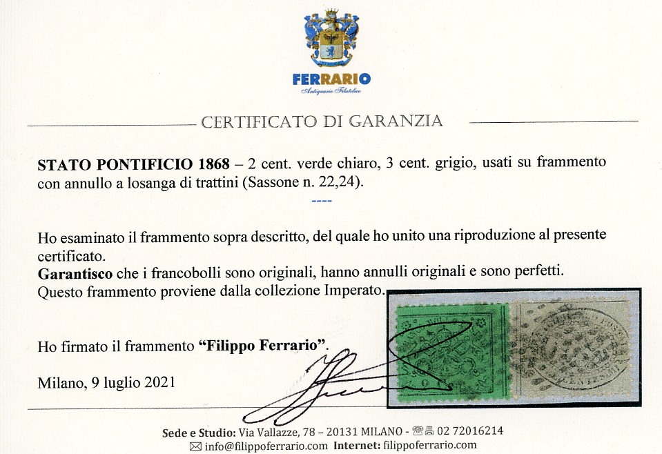 1868, Francobollo da 3 cent. grigio e 2 cent. verde chiaro su frammento, usati