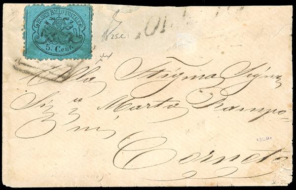 1868 - 5 cent. celeste (25c), lievi difetti di dentellatura in alto, isolato su busta da Corneto per città. Rara tinta in uso isolato. Chiavarello, cert. Ferrario.