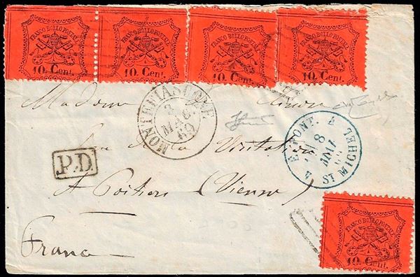 1869 - 10 cent. arancio, cinque esemplari, perfetti (26), su fresca bustina da Bagnorea (lineare al verso, punti 7), per la Francia 8/5/1869. Molto bella e rara affrancatura multipla! Raybaudi, Ferrario.