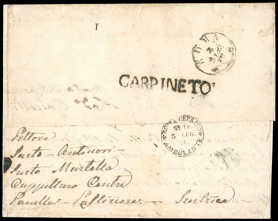 1870, 10 cent. arancio vermiglio, striscia orizzontale di cinque su lettera