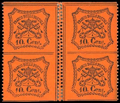 1867, 10 cent. vermiglio arancio, blocco di quattro non dentellato orizzontalmente (26a/I)