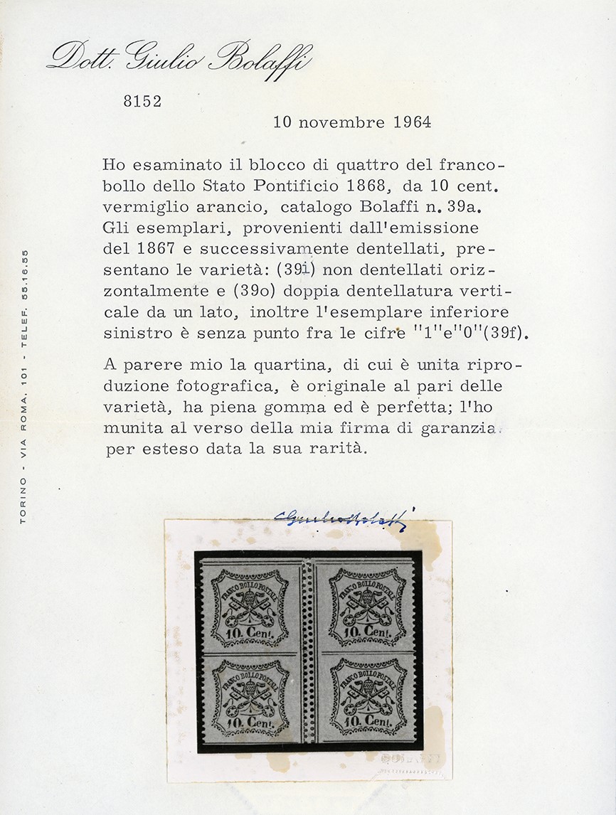 1867, 10 cent. vermiglio arancio, blocco di quattro non dentellato orizzontalmente (26a/I)
