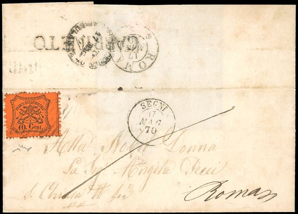 1870 - 10 cent. arancio vermiglio, carta opaca (26c), perfetto su lettera da Carpineto (SD al verso, punti 12), transito di Segni 17/5/1870 per Roma. Non comune. Chiavarello.