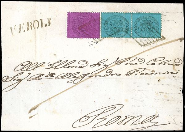 1870 - 20 cent. lilla rosa e 5 cent. azzurro chiaro, coppia, un esemplare con piega verticale (28e,25), su gran parte di lettera da Veroli a Roma, bollo d'arrivo e transito al verso del 28/2/1870. Non comune combinazione. Chiavarello.