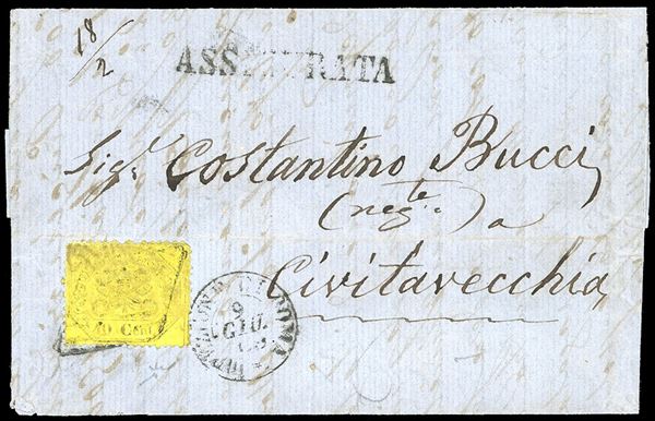 1869 - 40 cent. giallo limone (29), perfetto, isolato su lettera assicurata da Roma 2/6/1869 a Civitavecchia. Non comune. Chiavarello.