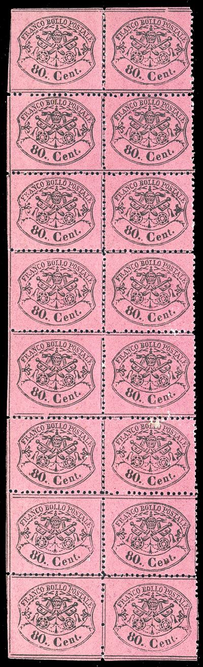 Ferrario, 1867 - 80 cent. lilla rosa, blocco di sedici, nuovo, gomma originale integra