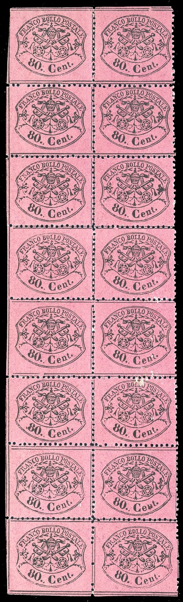 1867 - 80 cent. lilla rosa, non emesso (31), blocco di sedici, nuovo, gomma originale integra, perfetto, solo un esemplare con lieve difetto. Ferrario.