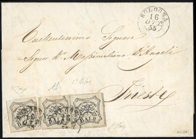1855, 8 baj bianco, falso per posta del I tipo (F4), su lettera di triplo porto da Bologna a Trie...