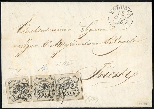 1855 - 8 baj bianco, falso per posta del I tipo (F4), tre esemplari perfetti, su lettera di triplo porto da Bologna 16/10/1855 a Trieste. Affrancatura multipla monovalore estremamente rara! G.Oliva, A.Diena, cert. E.Diena.