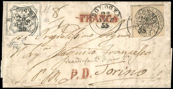 1855 - 8 baj bianco, falso per posta, I tipo, 4 baj bruno grigio chiaro, stampa con inchiostro grigio oleoso (F4,5b), lieve piega orizzontale su entrambi, non deturpante, su lettera di piccolo formato da Bologna 23/9/1855 a Torino, bolli "franca"e "PD" in rosso. Raro l'abbinamento dei falsi per posta con francoboli originali. Ottimo aspetto. A.Diena, Ferrario. Ex coll. Imperato.