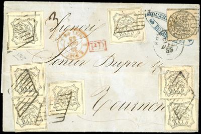 8 Baj Bianco, falso per posta di Bologna, 1855 - Sete esemplari con affrancatura massima