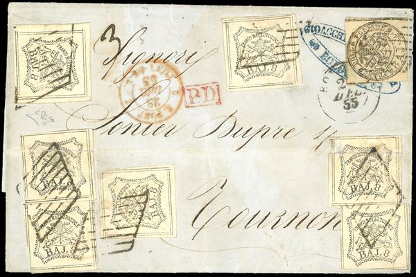 1855 - 8 baj bianco, falso per posta di Bologna, sette esemplari, due con otto filetti perfetti, 4 baj bruno grigio chiaro, inchiostro grigio oleoso (F5,5b), piega orizzontale su due falsi, su lettera da Bologna 22/12/1855 per la Francia. Massima affrancatura nota del falso dell'8 baj, grande rarità! Cert. E.Diena. Ex coll. Andreotti.