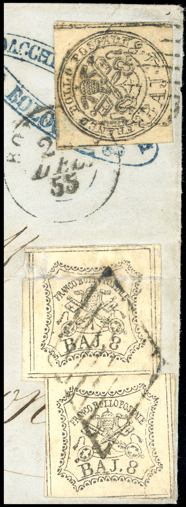 8 Baj Bianco, falso per posta di Bologna, 1855 - Sete esemplari con affrancatura massima
