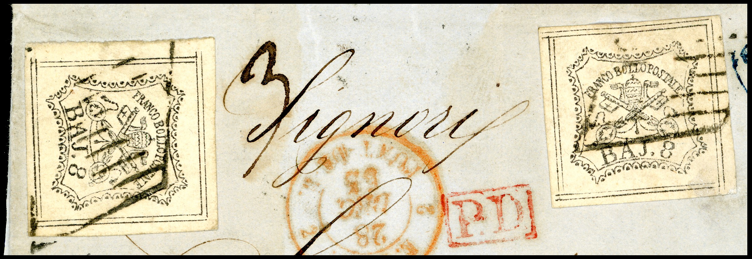 8 Baj Bianco, falso per posta di Bologna, 1855 - Sete esemplari con affrancatura massima