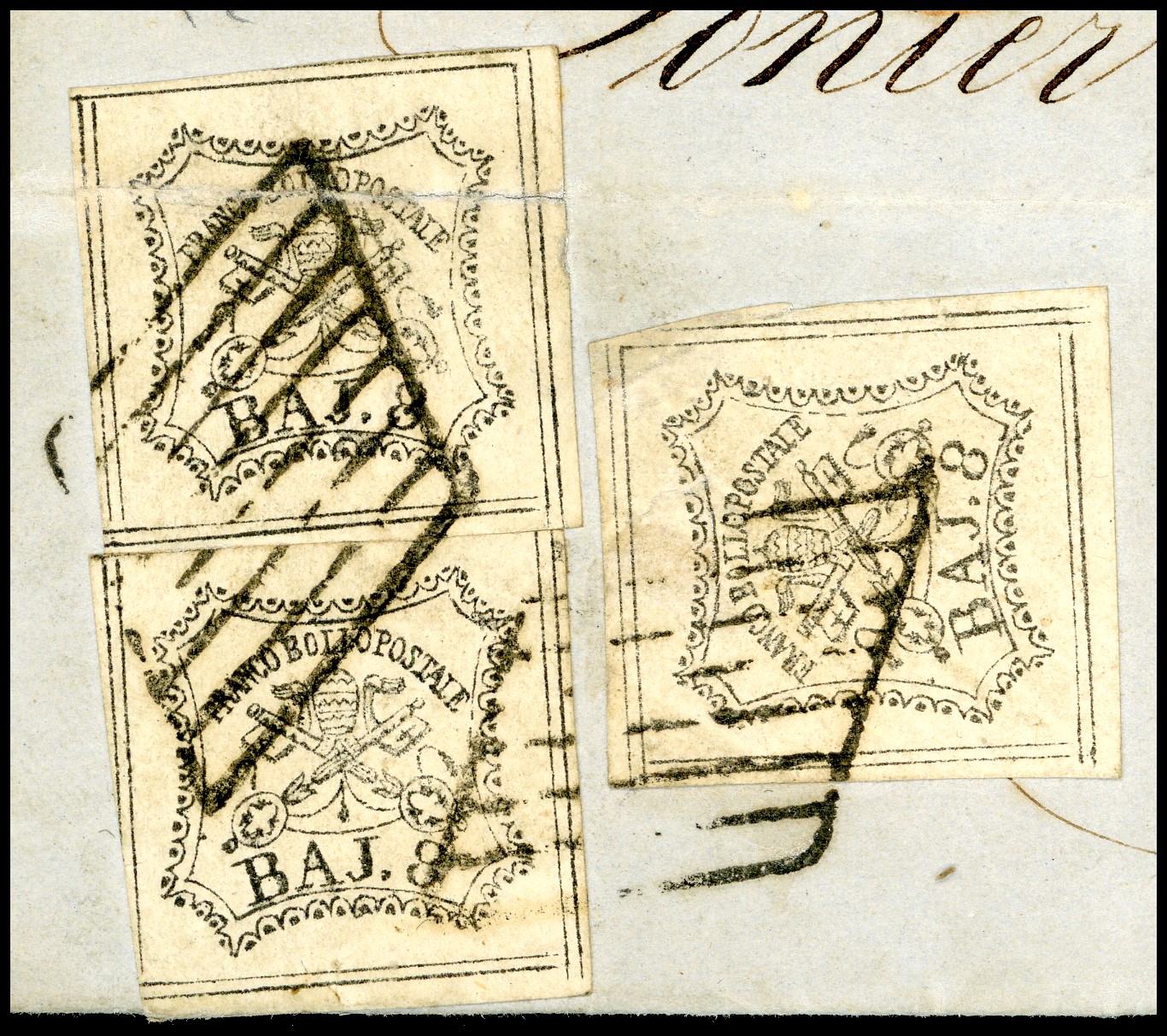 8 Baj Bianco, falso per posta di Bologna, 1855 - Sete esemplari con affrancatura massima