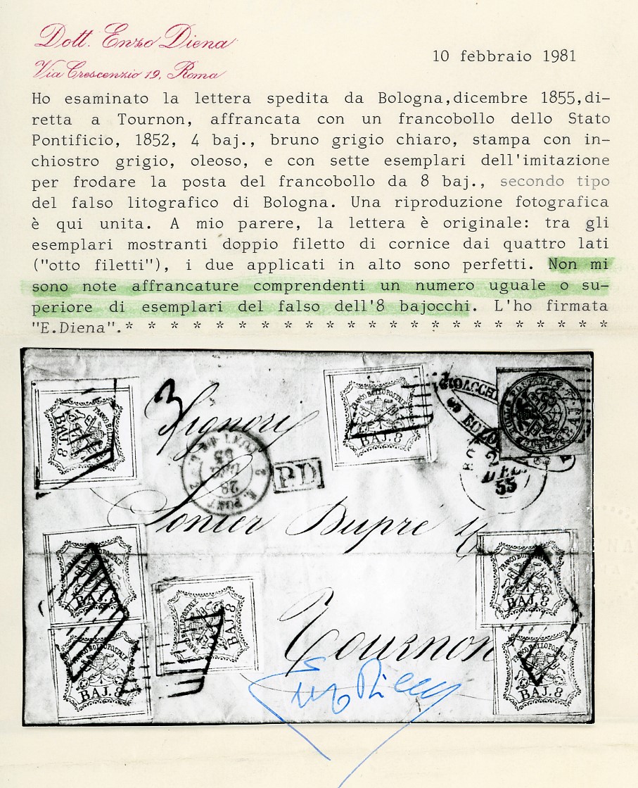 8 Baj Bianco, falso per posta di Bologna, 1855 - Sete esemplari con affrancatura massima