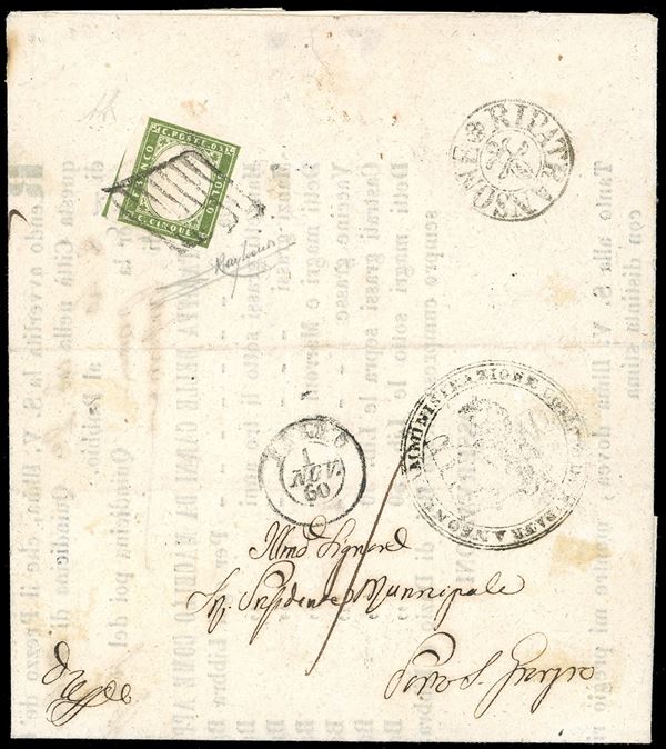 1860 - 5 cent. verde oliva chiaro IV emissione di Sardegna (13Bb), leggermente intaccato in due punti, al verso di lettera in porto assegnato da Ripatransone 31/10/1860 a Porto S.Giorgio, sul fronte datario di Fermo 1/11/1860 e tassa di 1 baj. Pregevole lettera risalente al periodo di occupazione Sarda delle Marche. A.Diena, Raybaudi.