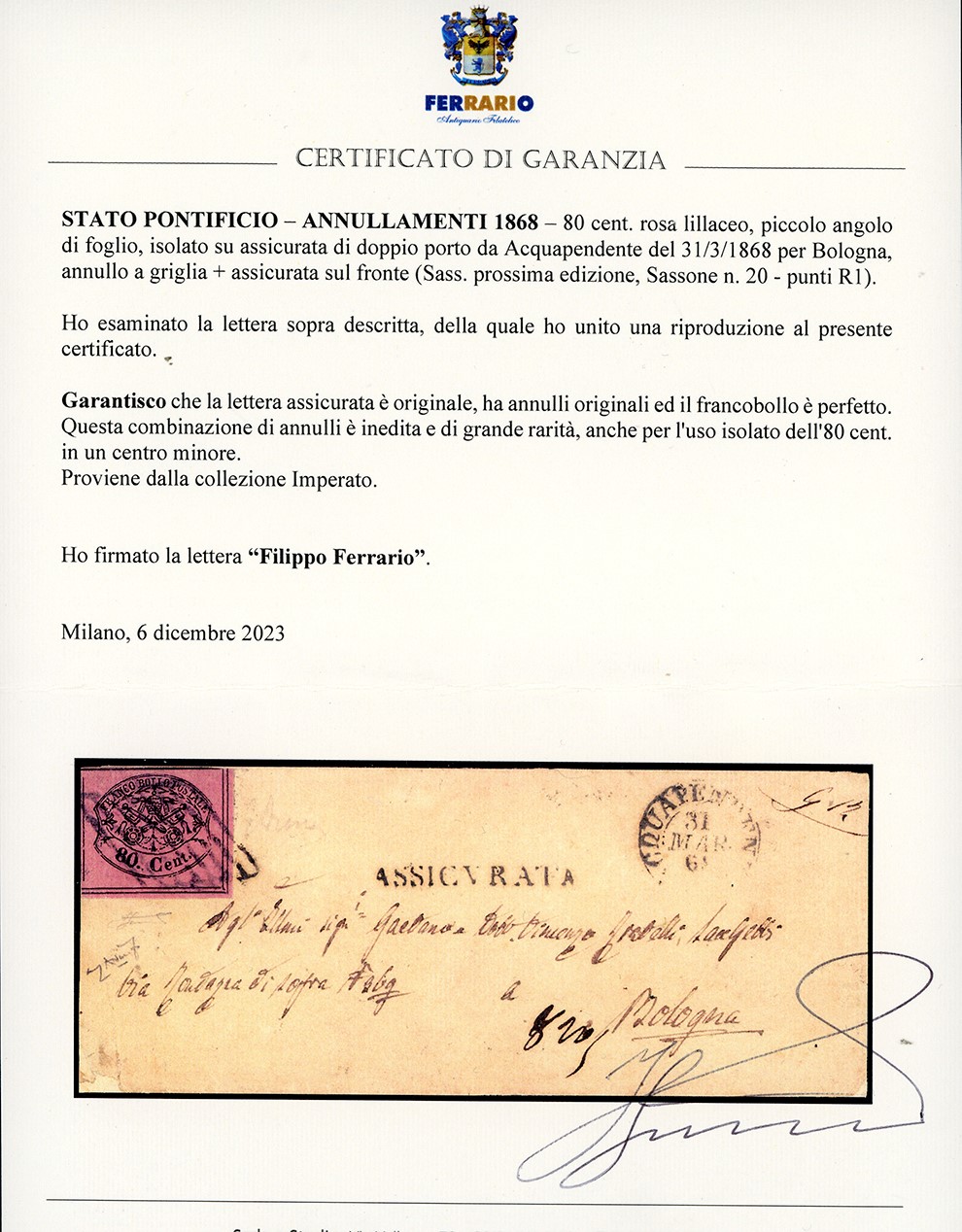 ACQUAPENDENTE, Griglia con assicurata sul fronte, 80 cent. rosa lillaceo, isolato del 31/3/1868 p...