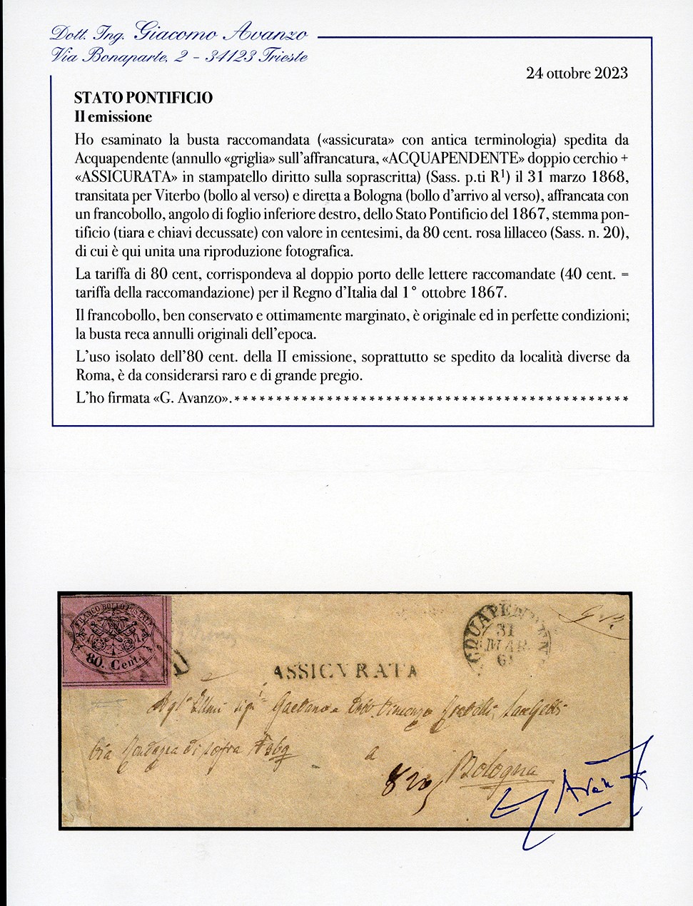 ACQUAPENDENTE, Griglia con assicurata sul fronte, 80 cent. rosa lillaceo, isolato del 31/3/1868 p...