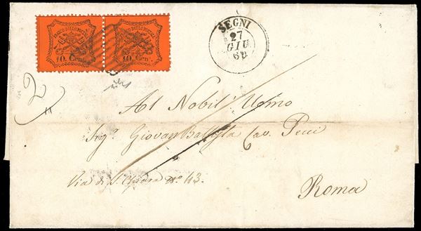 CARPINETO, SD punti 12 - 10 cent. (26), coppia orizzontale, perfetta su lettera del 27/6/1869, datario di Segni sul fronte per Roma. Bella. Chiavarello.
